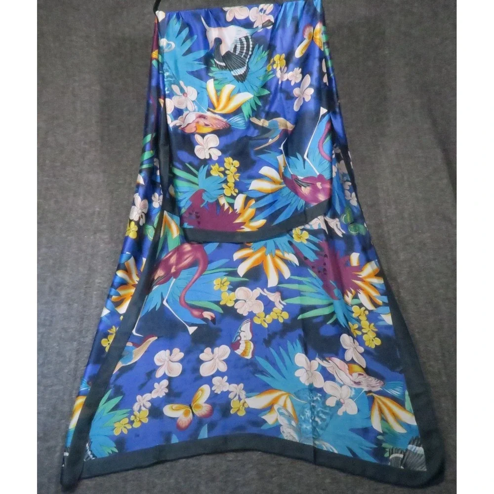 Vintage‎ Silk Scarf Birds Floral Blue Flamingo Butterflies Tropical Boho Island